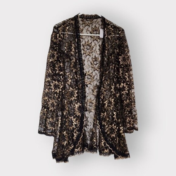 BLACK & GOLD SHINY LACE BLOUSE SIZE L OR XL WITH BELL SLEEVES AND LOOP BUTTON - Picture 1 of 3